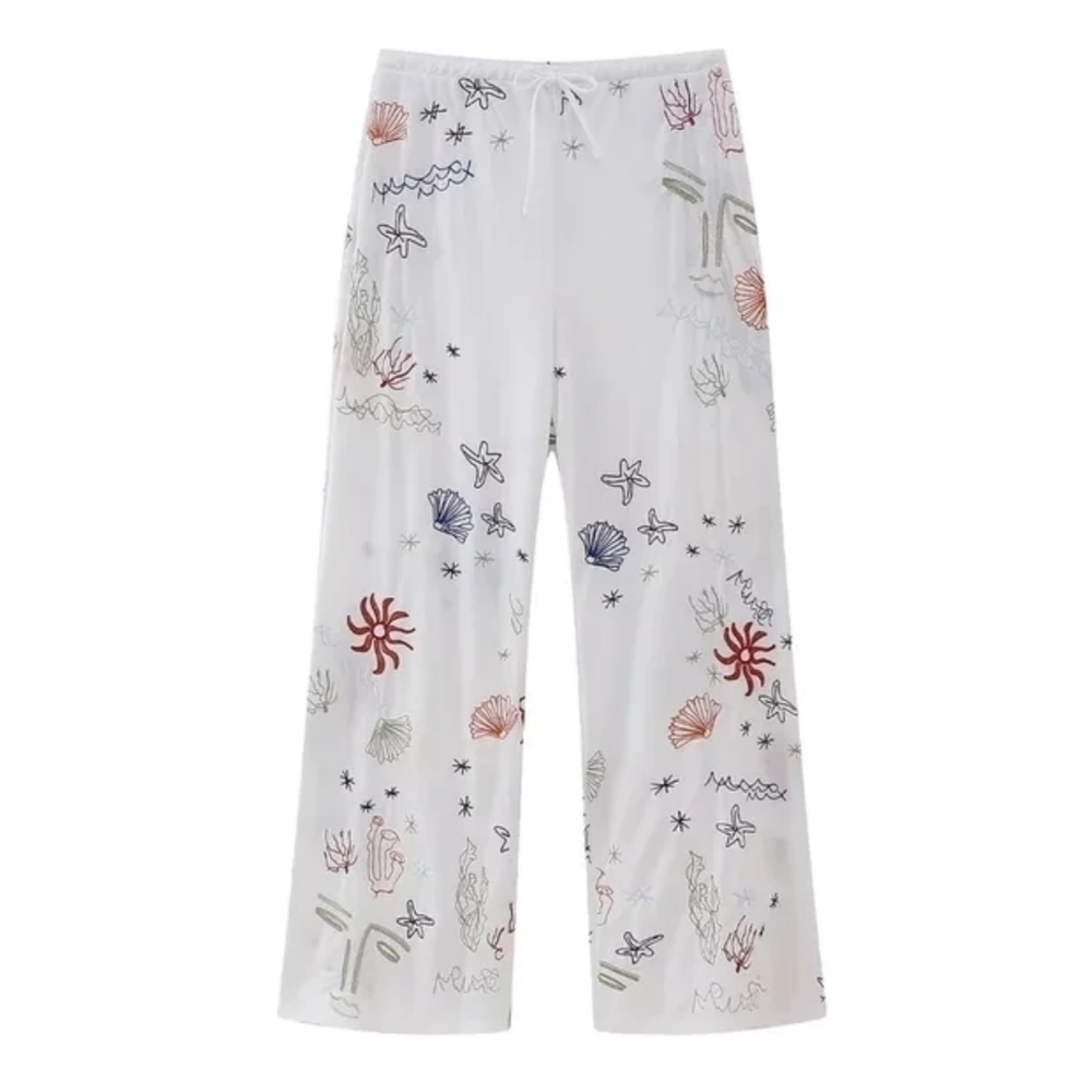 Embroidery Women Cotton Long Pants Drawstring Casual Wide Leg White Trousers - Picture 7 of 7